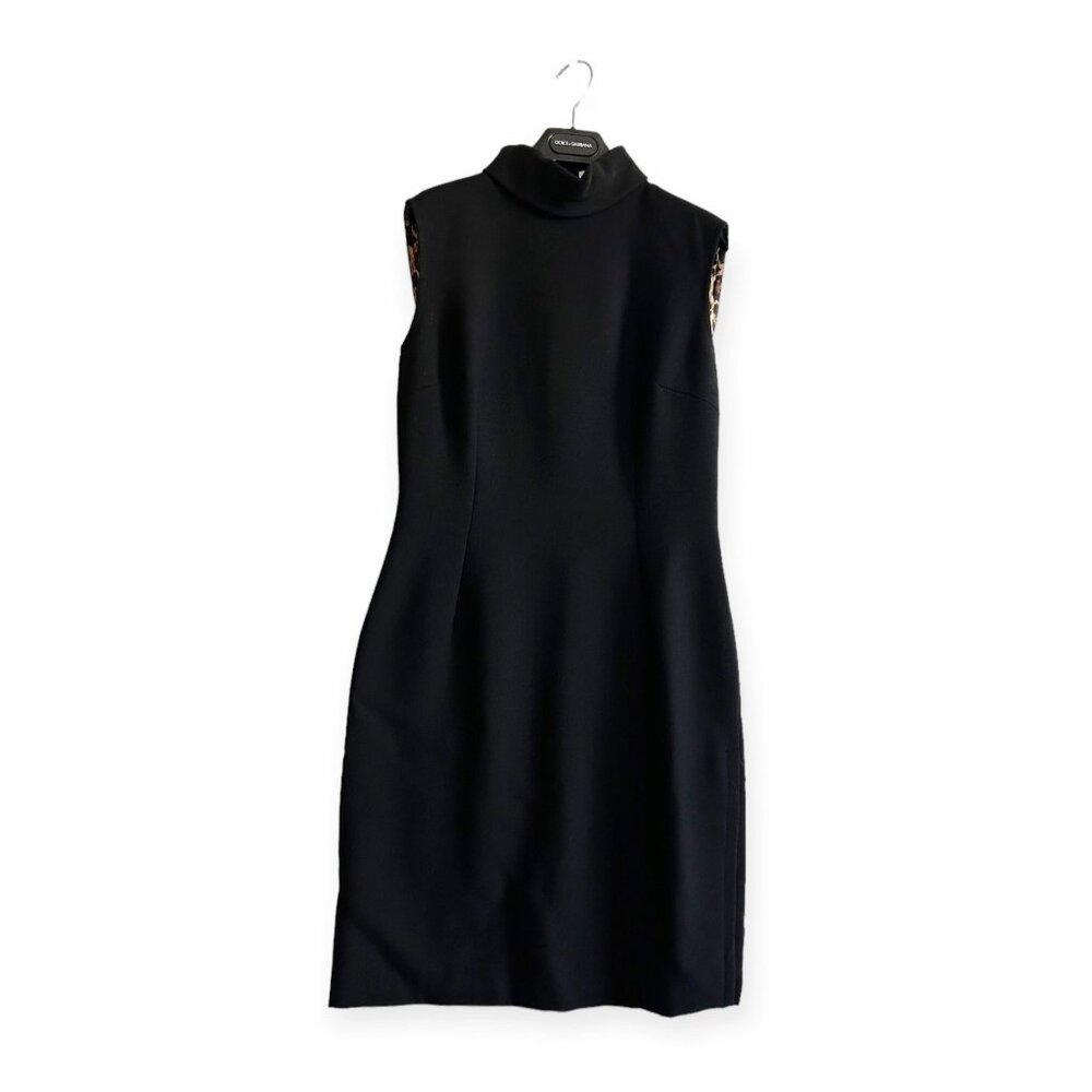 Vintage Dolce & Gabbana Black Wool Sheath Dress Leopard Lined IT 46